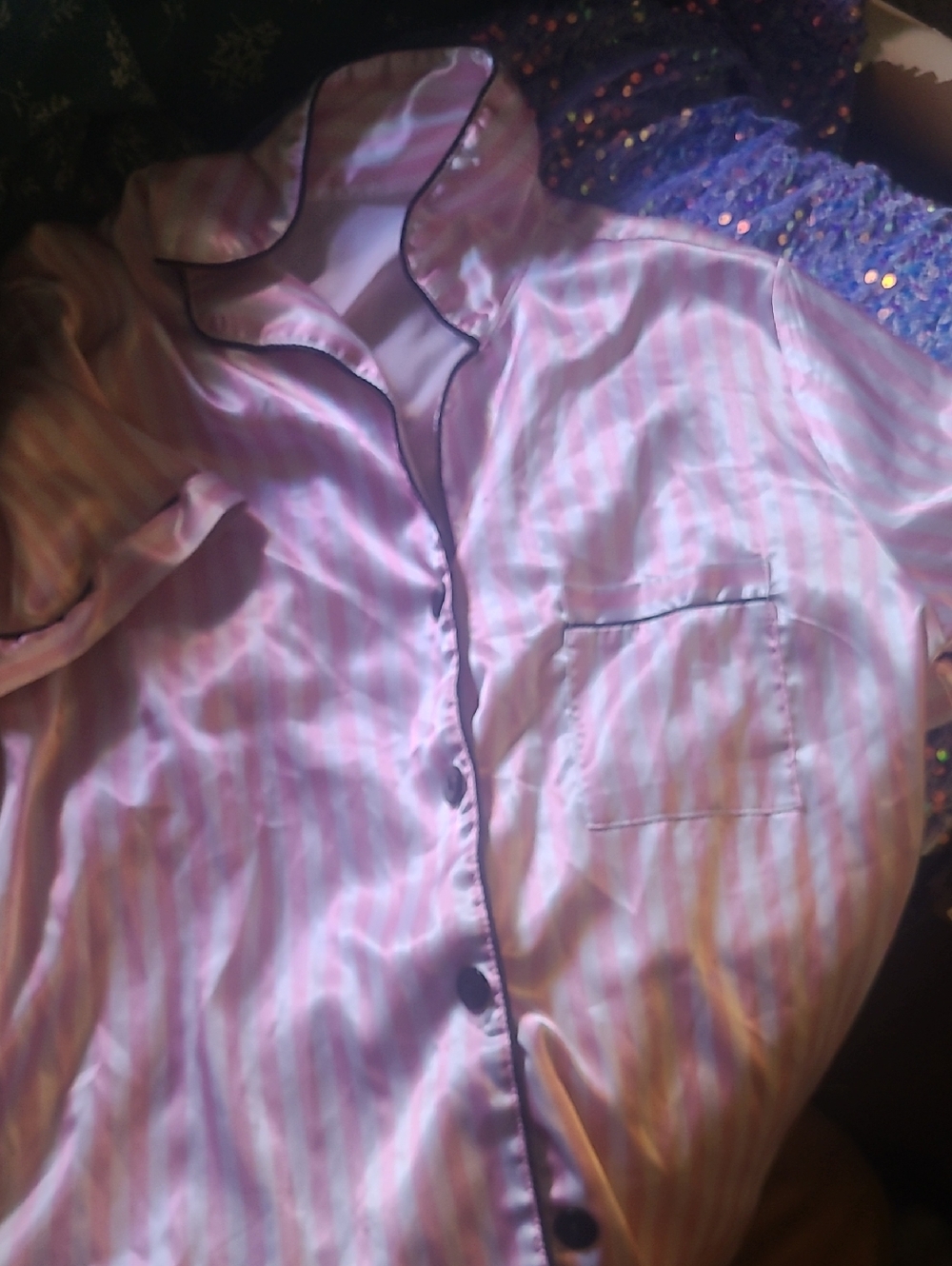 Striped Satin Pajama Top in Pink and White with Black Piping